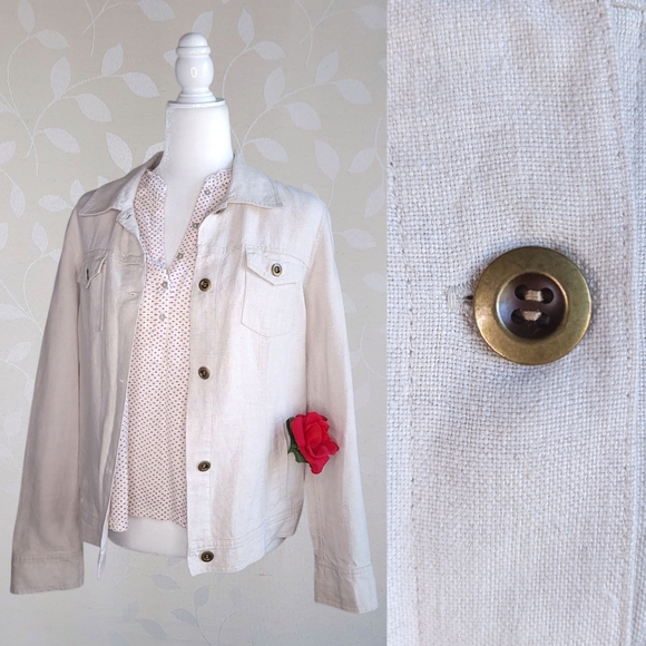 Coastal Minimalist 100% Linen Utility Denim Style Jacket Beige Neutral Charter - Picture 1 of 13